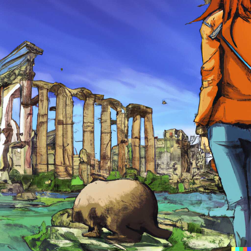 Assandra and Bandit the capybara stand in front of the ruins of the old zoo