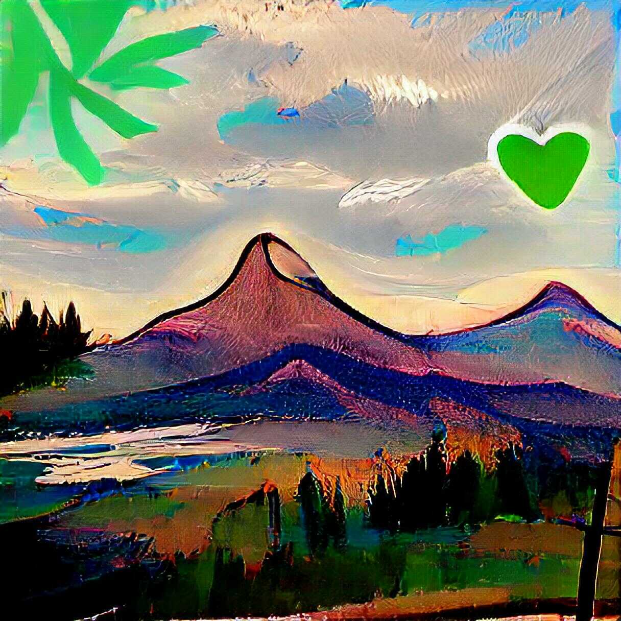Landscape with mountain and green heart in the sky